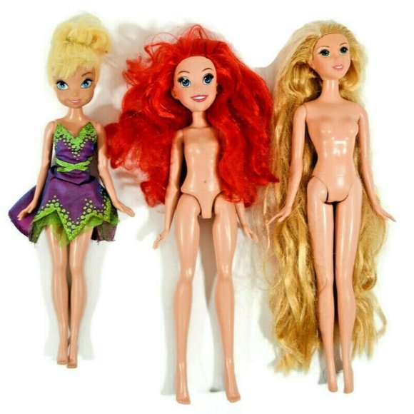 Lot of 3 Disney Princess Dolls Toys Nude Ariel, Rapunzel, & Tinkerbell w/ Dress - Picture 1 of 9